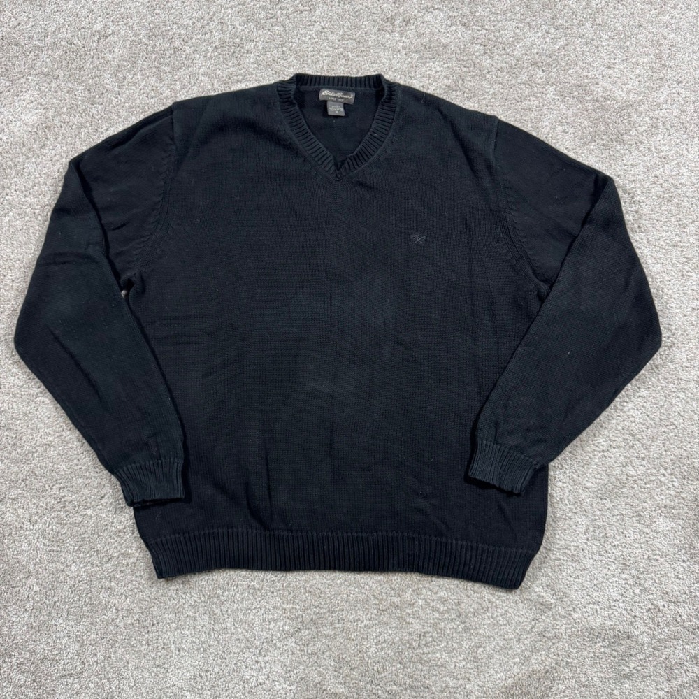 Eddie Bauer Mens XL Black Cotton Knit V-Neck Long Sleeve Pullover Sweater